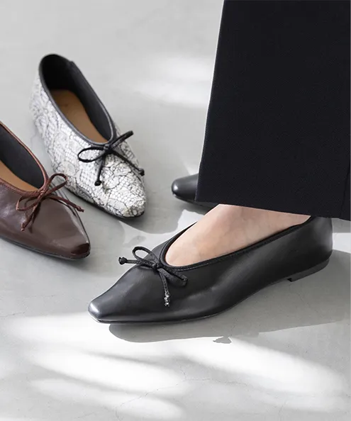 サテンリボン スクエアトゥ バレエシューズ