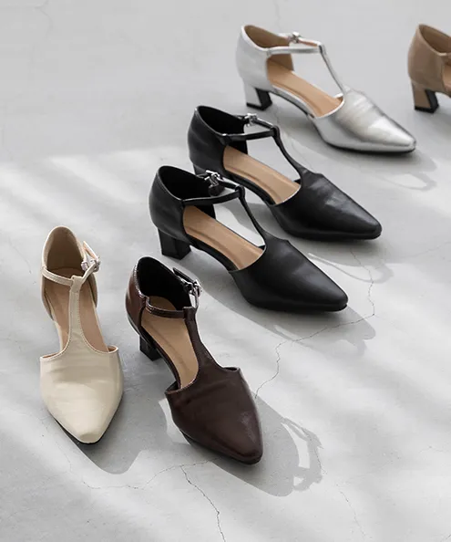 Tストラップ 変形ヒール パンプス