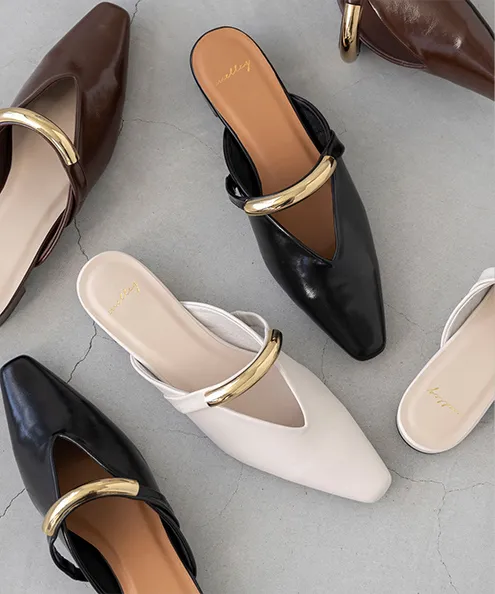 スクエアトゥ ゴールドメタル ミュールサンダル