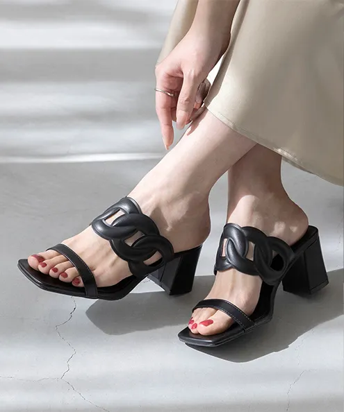 デザインストラップ チャンキーヒール ミュールサンダル