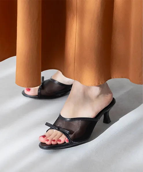 ラウンドトゥ チュール リボン ミュールサンダル