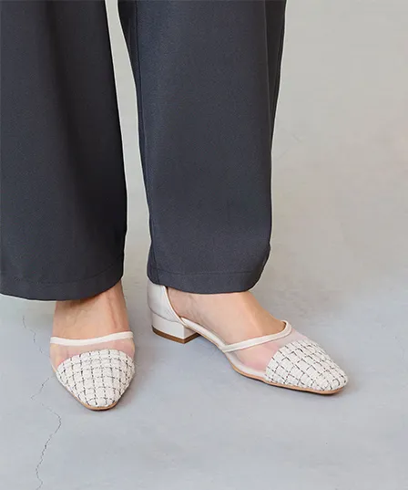 アンクルストラップ ローヒール チュール パンプス